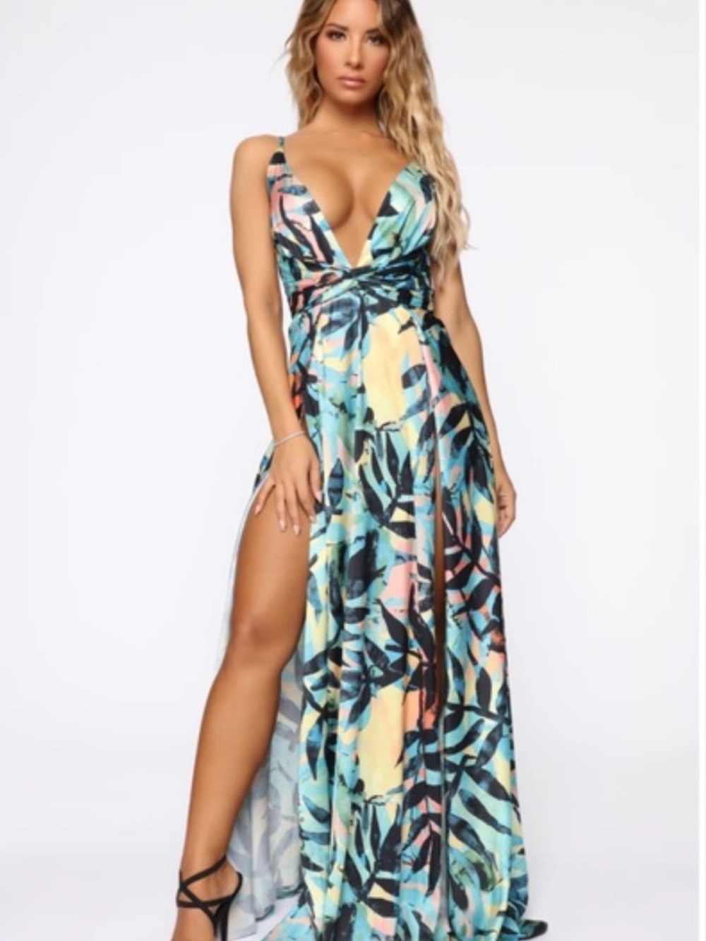 Tropical Print Deep V Maxi Dress in Aqua - S